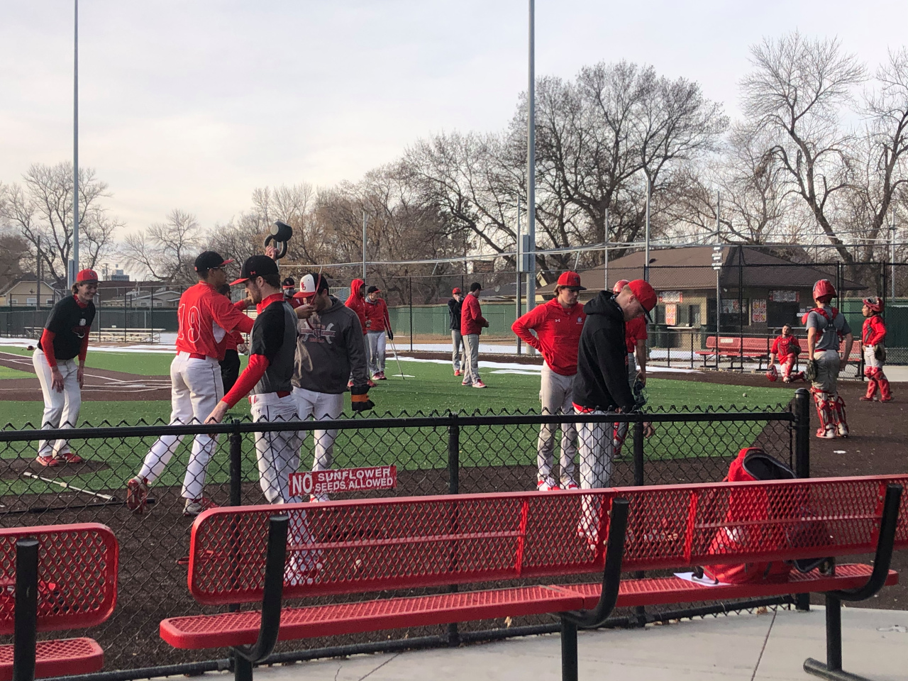 Minot State University’s baseball team out on the diamond a little early — thanks to warm weather