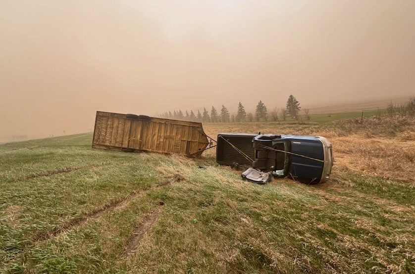 North Dakota Highway Patrol discourages trailers and high-profile vehicles during strong winds after crash survivor survives, troopers say the occupant was saved by their seat belt