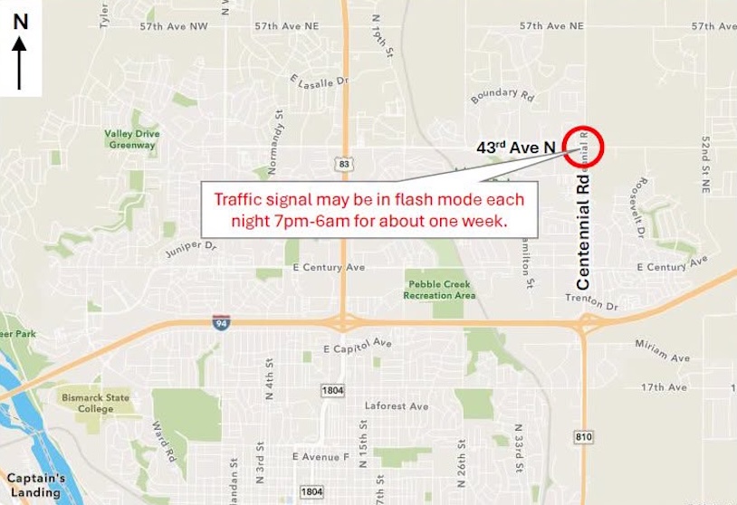 Bismarck announces overnight traffic signal changes at Centennial Road and 43rd Avenue North