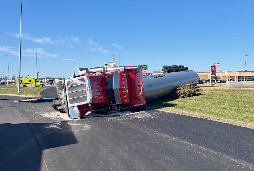 North Dakota Highway Patrol responds after semi hauling anhydrous ammonia rolls over near Devils Lake
